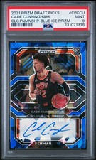 2021 PRIZM DP COLLEGE PENMANSHIP CADE CUNNINGHAM BLUE ICE PRIZM 18/25 RC PSA 9