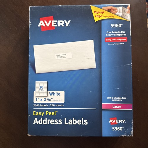 NUOVE etichette Avery Easy Peel indirizzi postali laser 1 x 2 5/8 bianco 7500/scatola 5960 - Foto 1 di 5