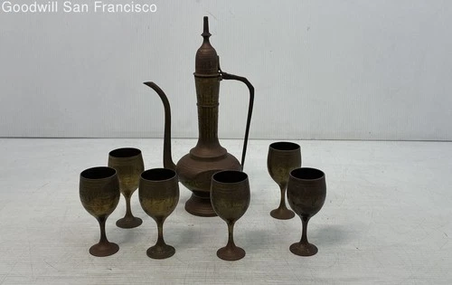 Mid-Century Brass Etched Aftaba Ewer Goblet Set Dallah Teapot Coffepot