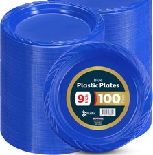 100 Blue Plastic Plates Set - 9 Inch Disposable Dinner Plates Bulk Pack, for Par