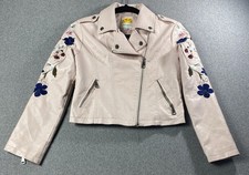 c c california Faux Leather Pink Crop Embroidered Flowers Girls Jacket Size 12