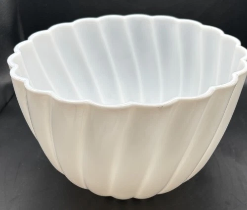 Vintage MCM Hazel Atlas Milk Glass Alpine White Swirl Punch Bowl