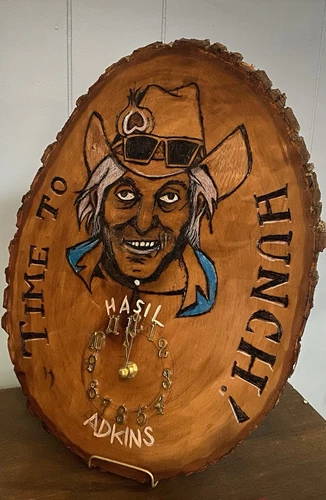 Hasil Adkins Wood-Slice Woodburnt 'Time to Hunch' Clock. Hand-crafted/painted