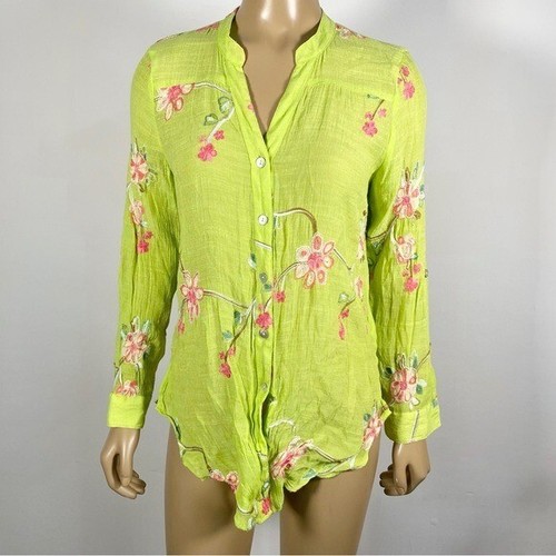 Fig and Flower Women’s Size Small Floral Embroidered Button Down Shirt Sheer