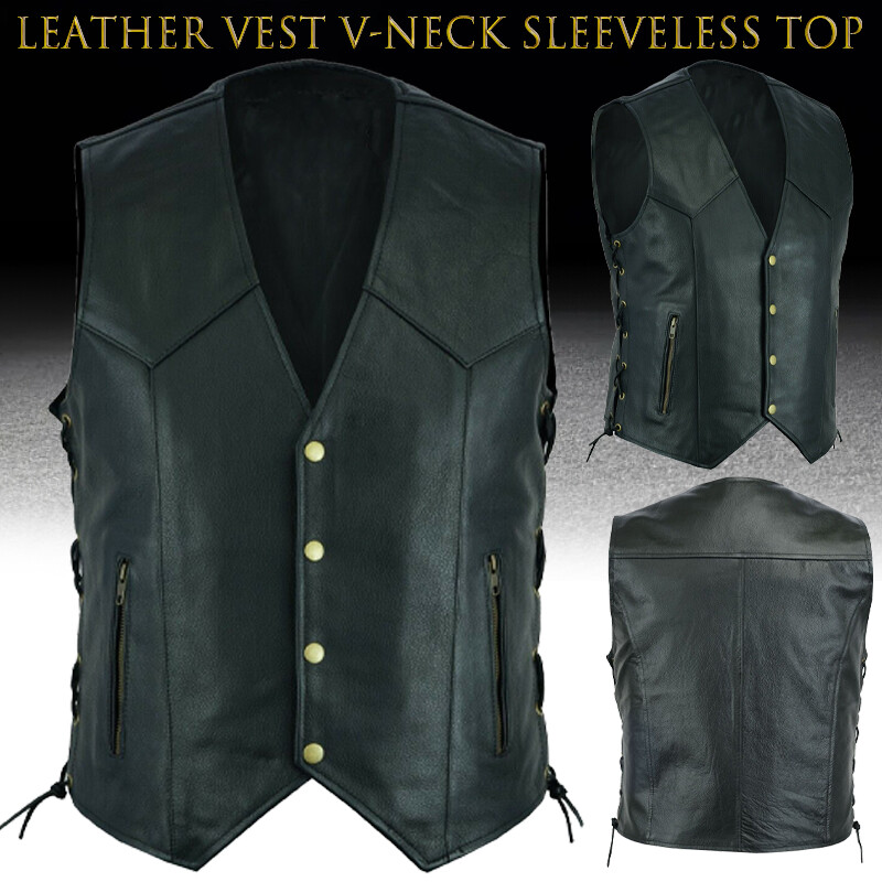 Men Genuine Classic Black leather Leather Plain Waistcoat Motorcycle