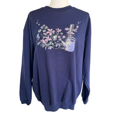 Vtg 90s Northern Reflections Navy Sweatshirt Floral Print L Grandmacore Garden