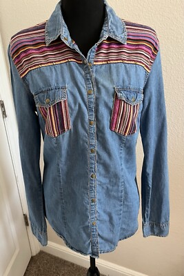 Forever 21 Western Colorful Snap up Long Sleeve Jr Shirt SZ L