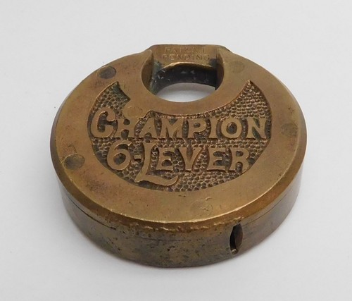 Vintage Antik CHAMPION 6 HEBEL Pfannkuchenschloss Vorhängeschloss OHNE SCHLÜSSEL Messing Bronze - Bild 3 von 8