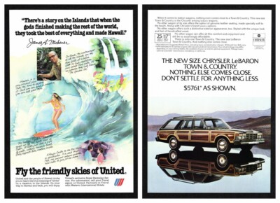 1978 James A. Michener The Friendly Skies of United / Chrysler LeBaron Print Ad