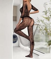 bodystocking ouvert Catsuit Dessous Overall Reizwäsche Negligee Langarm Schwarz