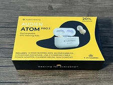 Audien Hearing Atom Pro 2 Tan White OTC Hearing Aids With Portable Charging Case