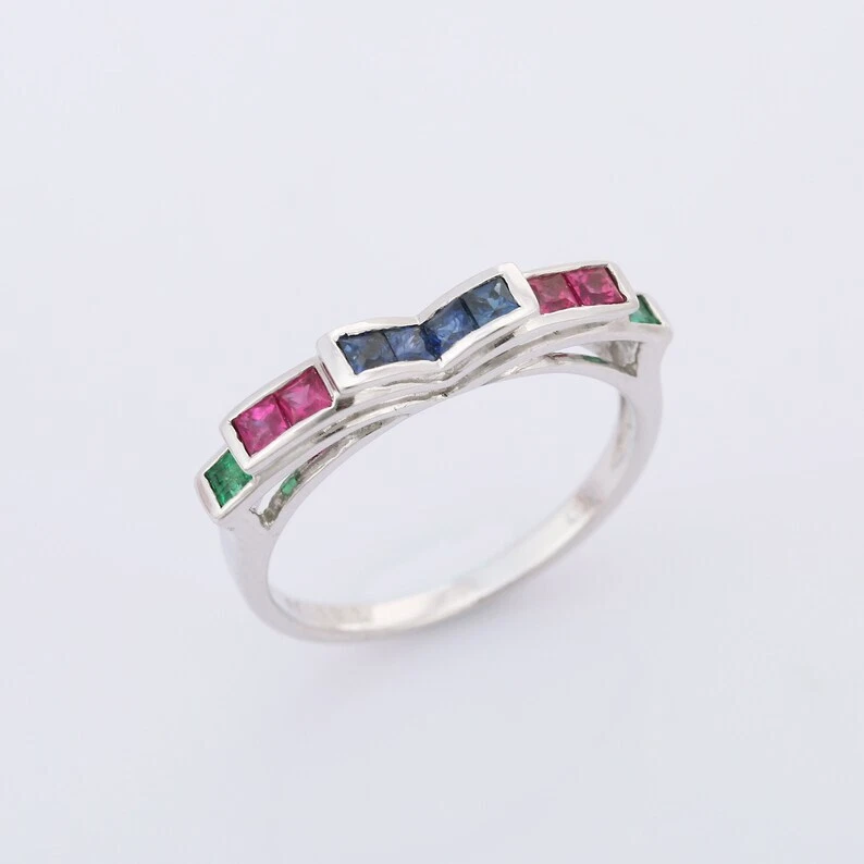 0,66 Ct Saphir, Smaragd & Rubin Bezel Ring 10K Massiv Weißgold - Bild 2 von 4