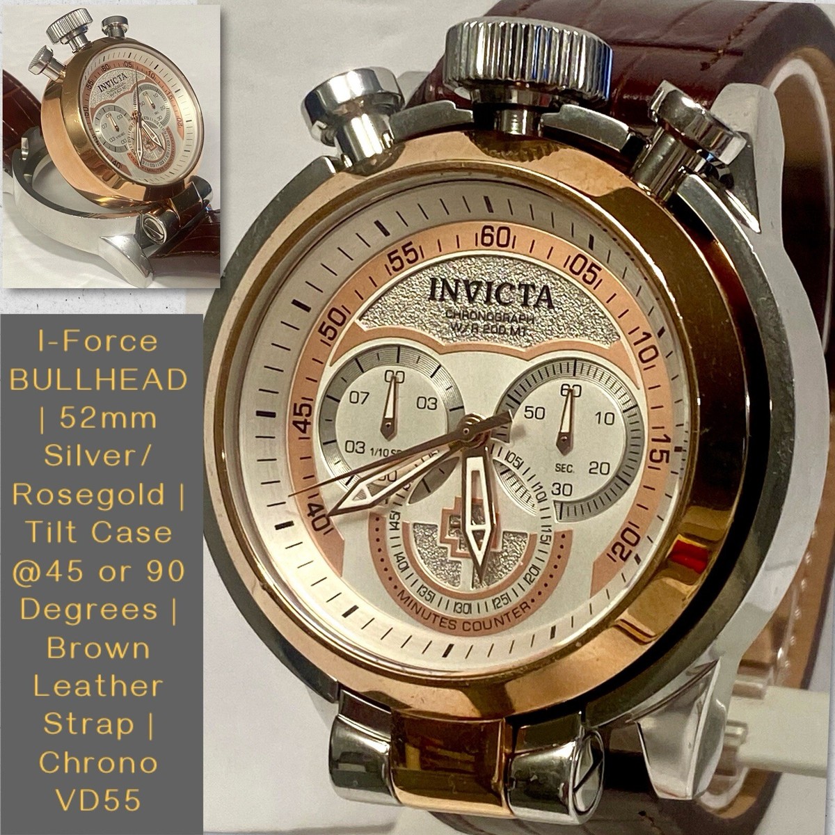 52mm I-Force BULLHEAD Tilt Case @45 & 90 Degree Slvr/Rosetn Chrono