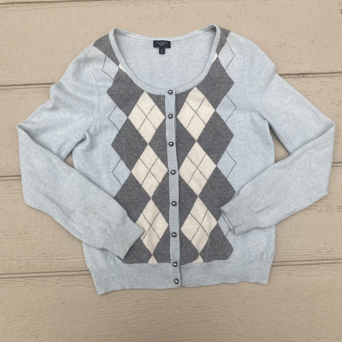 Talbots Womens Argyle Lambswool Cardigan Size M Blue Grey Buttons