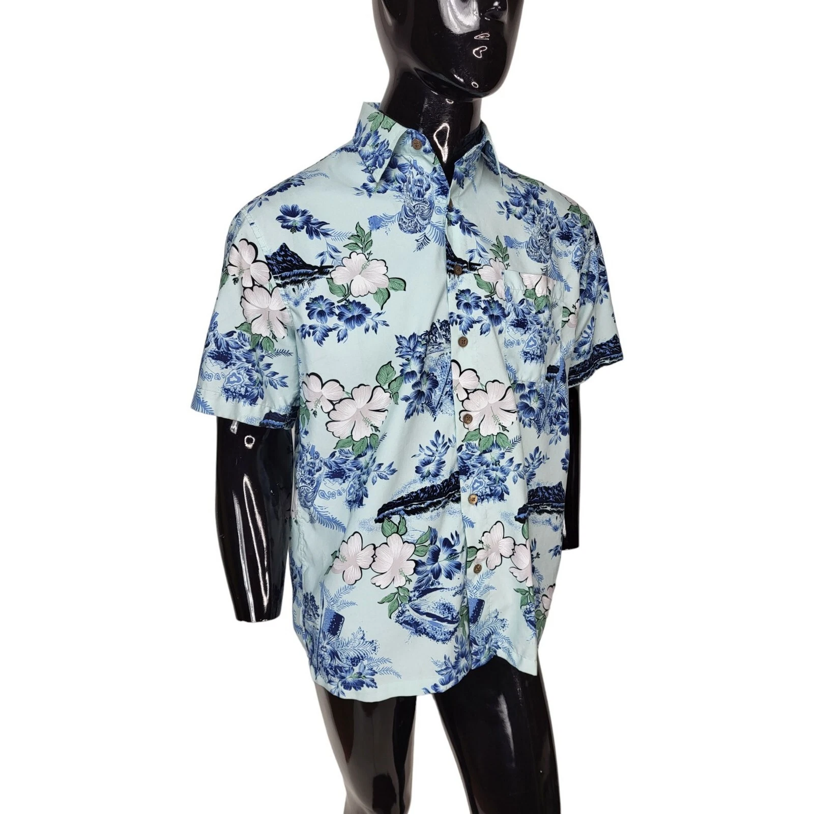 Milano Bay Retro Hawaiian Blue Floral Button-Down Vintage Men's Shirt Medium