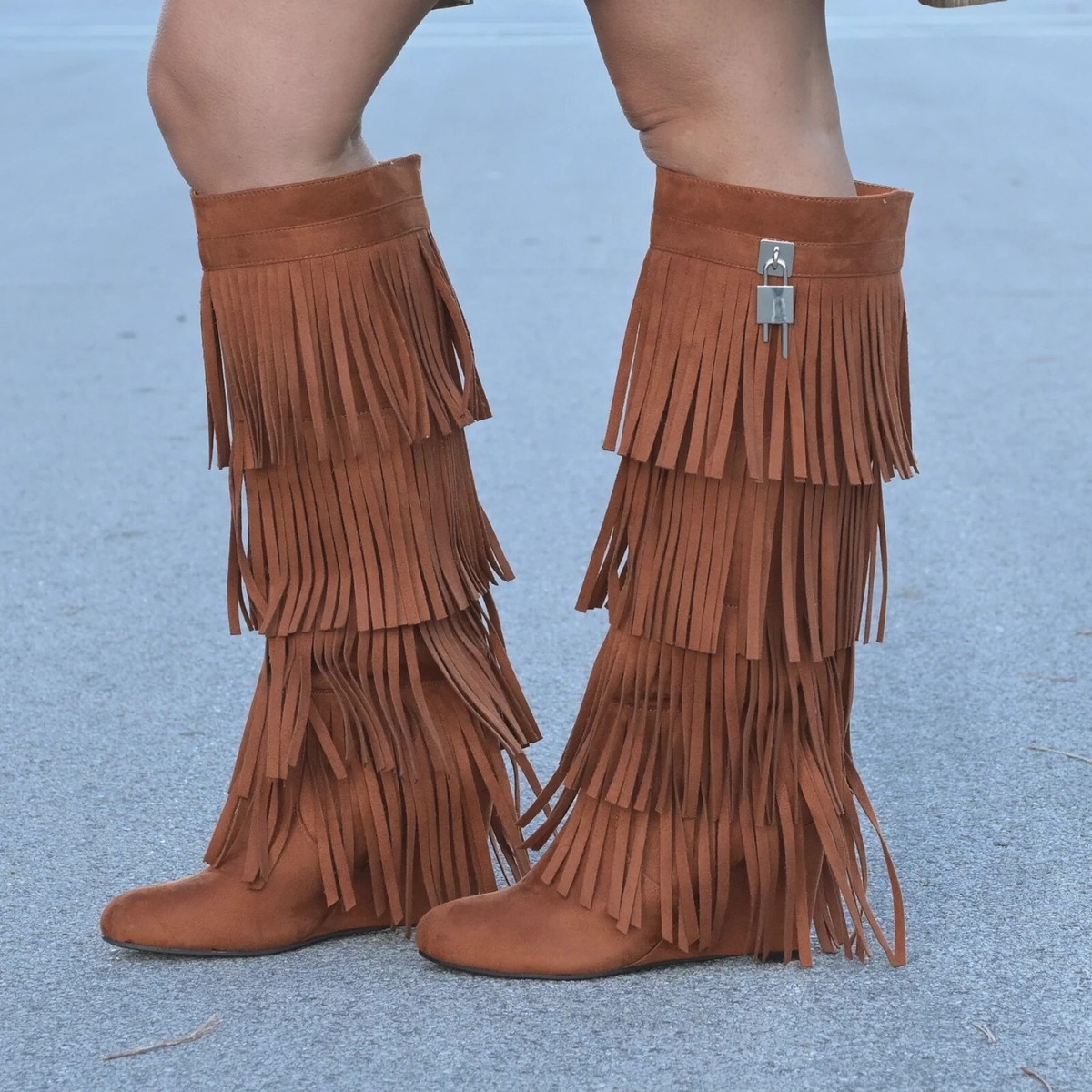 New Women's Layered Fringe Shaft Boho Knee High Boot Padlock Wedge Heel  Pull-On