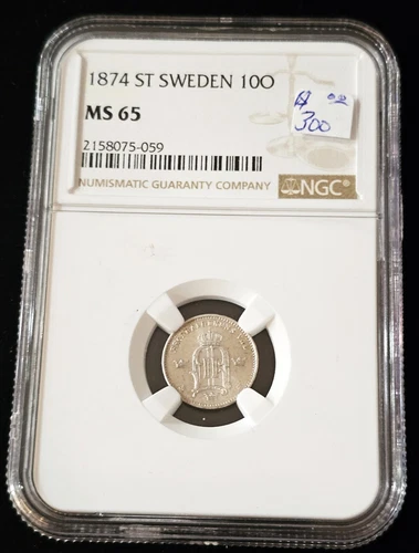 1874 ST SWEDEN 10 Ore NGC MS65