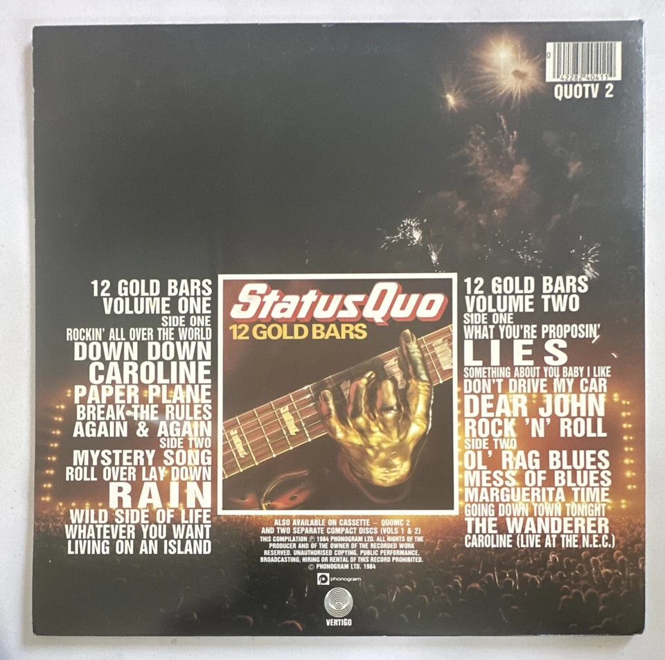 Status Quo - 12 Gold Bars Volume 1+1  QUOTV 2  UK 2LP 1984 Vertigo  EX / EX - Image 3 of 4