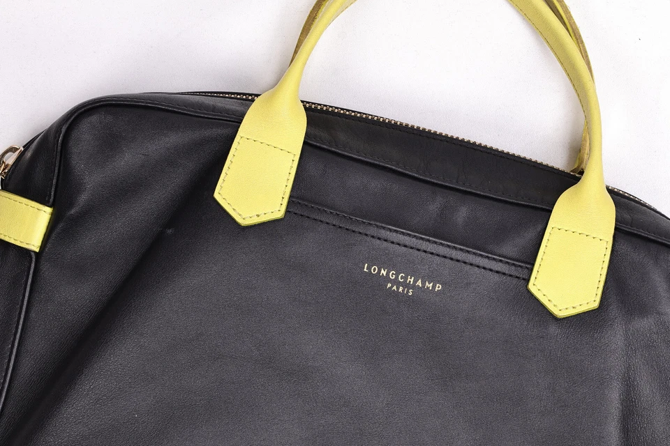 LONGCHAMP Paris Bolso de Mano Expandible Cuero Liso Negro Amarillo Francia Foto 4 de 4