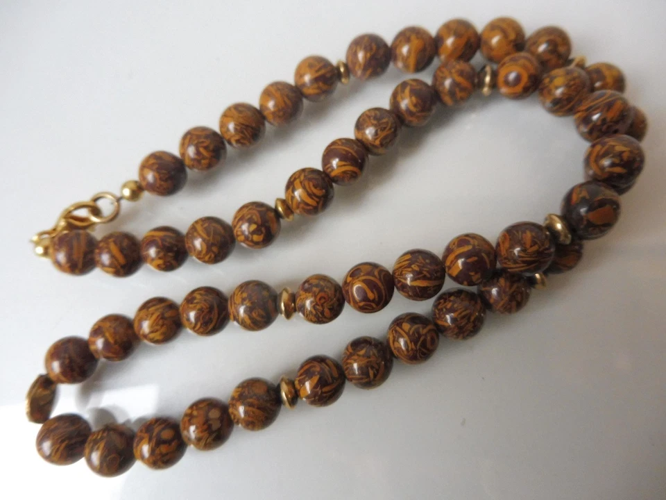 Bella Collana Marrone Mottled In Pietra - Sfere Con 925 Argento Placcato - Immagine 4 di 4