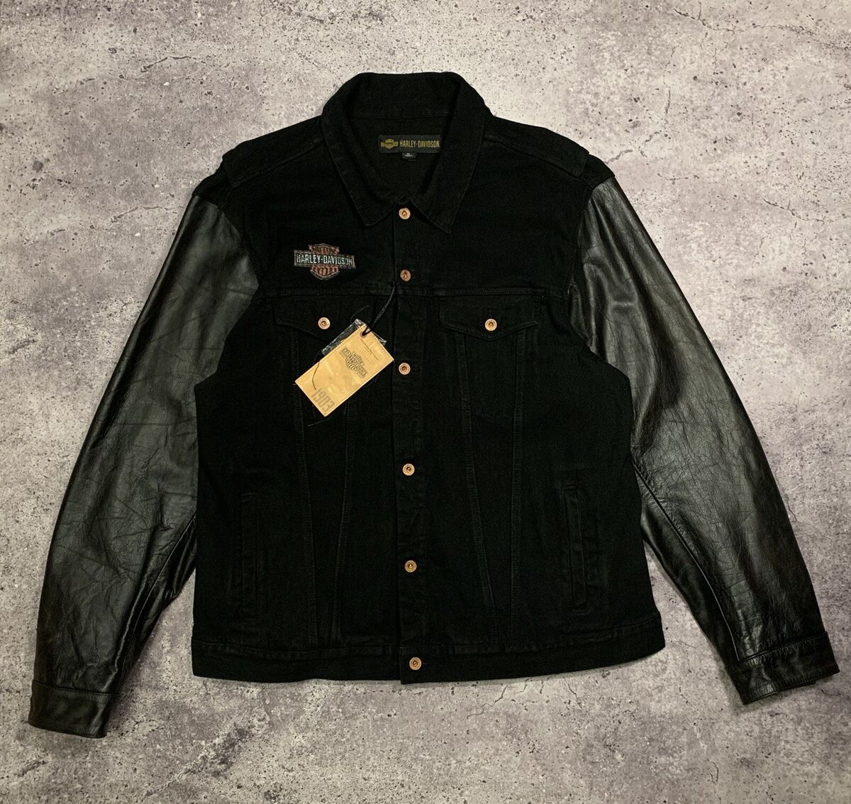 New Harley Davidson Denim Leather Sleeve Black Jacket Size New Harley Davidson Denim Leather Sleeve Black Jacket Size