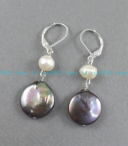 11-12 mm Pfau schwarze Münze Perle & 6-7 mm weiße Perle Silber Hebel Ohrring - Bild 4 von 12