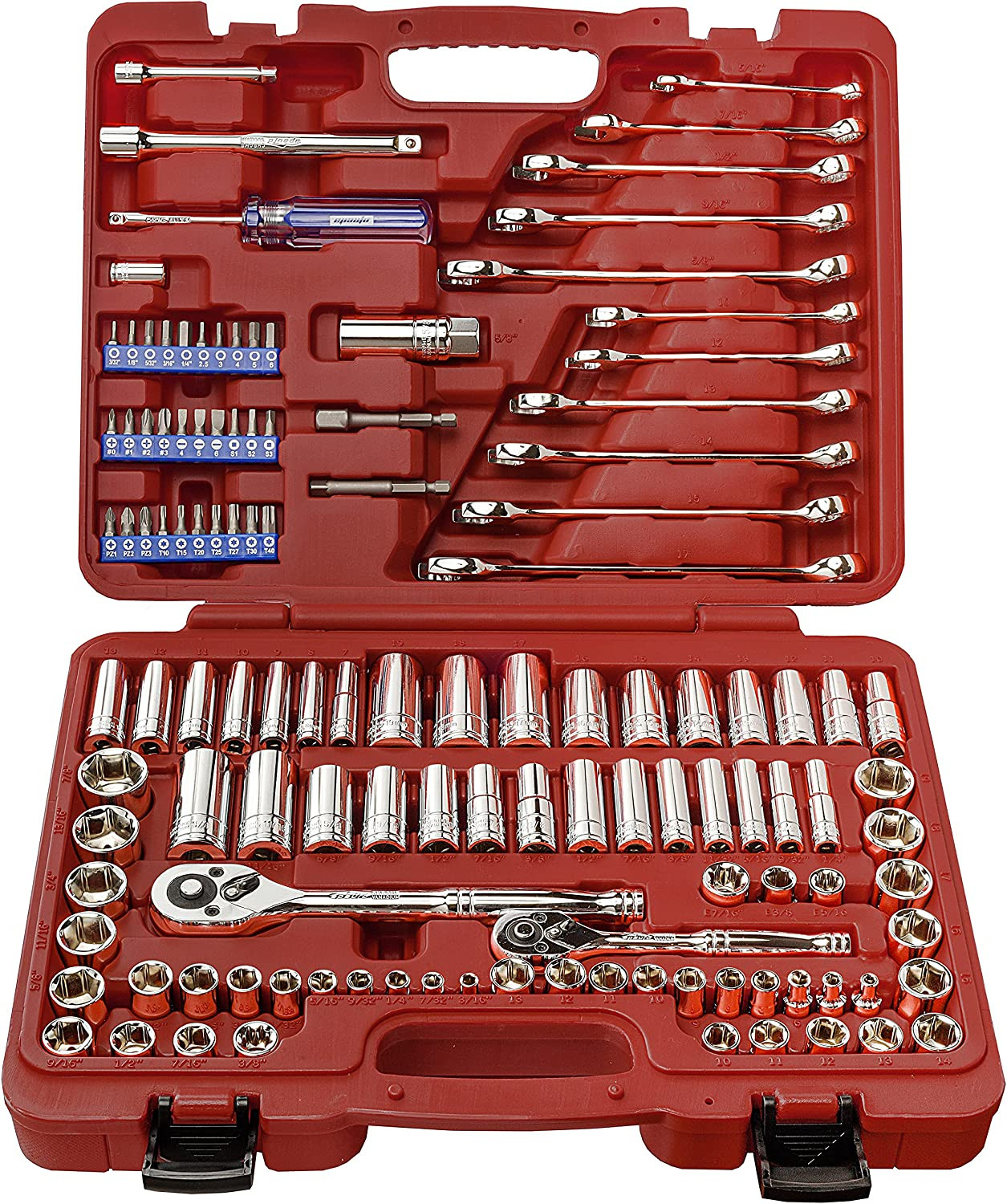 Juego de herramientas mecánicas de 122 piezas, llaves de vaso SAE/métrico.