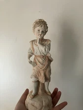 Antique German Style Porcelain Bisque Figurine Girl 11.5" high Gold Pom Poms