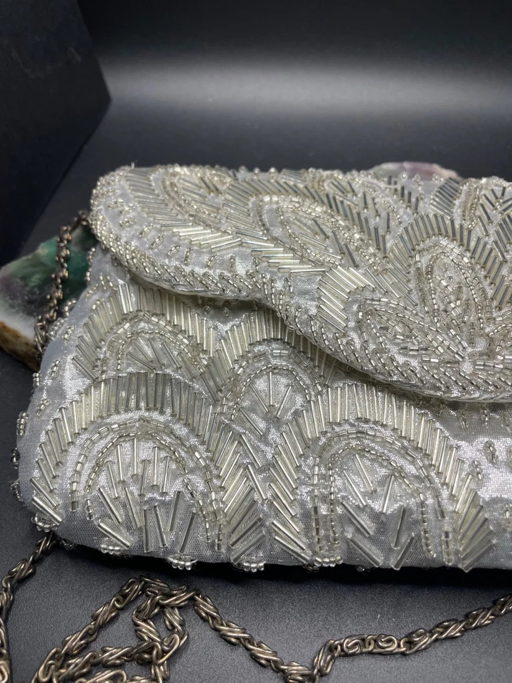 Beaded Silver Satin Clutch Purse Vintage La Regale Ltd Handmade China - Image 2 of 4