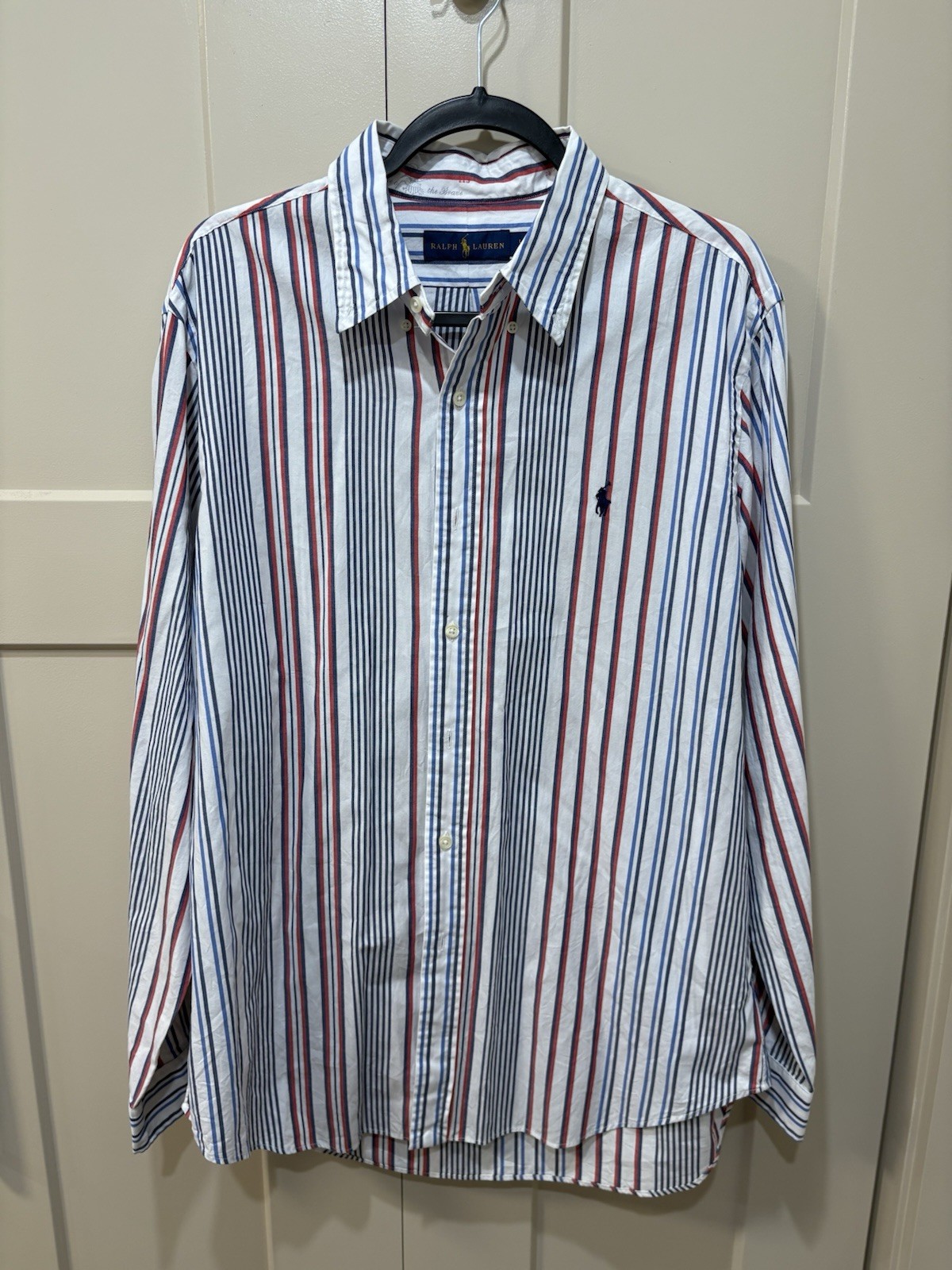 Polo Ralph Lauren Shirt Mens Large Red Blue White Striped Flesh Pony Button Down