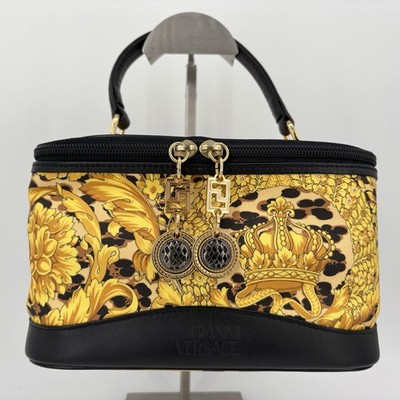 GIANNI VERSACE Leopard Vanity Handbag PVC Leather Yellow Black Authentic Japan