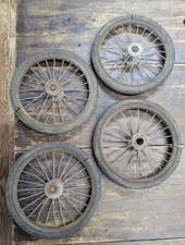 Set Of 4 Antique VINTAGE METAL SPOKE HARD RUBBER CARRIAGE BUGGY WHEELS 