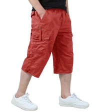 EKLENTSON Men's Cargo Shorts 3/4 Twill Elastic Knee-Length Casual Pants with ...