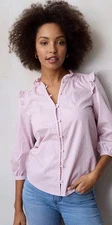 NWT LC Lauren Conrad Orchid CHRR ruffle button up  stripe vneck L/S Blouse Sz Lg