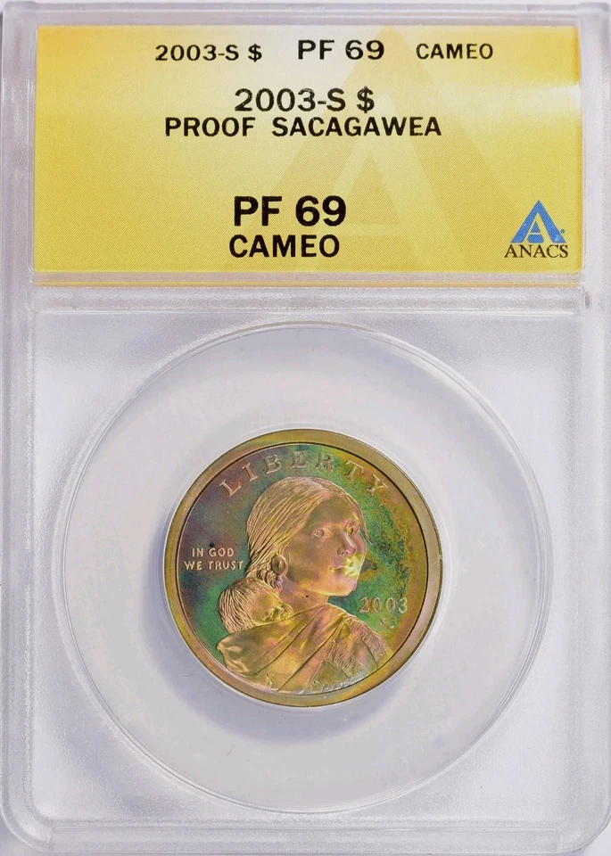 2003 S Proof Sacagawea Dollar ANACS PF69 Cameo Electric Rainbow Toned Neon Color - Image 3 of 4