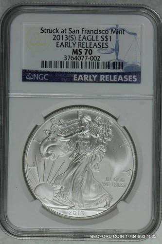 NGC MS70 EARLY RELEASE 2013-(S) SILVER AMERICAN EAGLE DOLLAR ASE $1 (BC02)