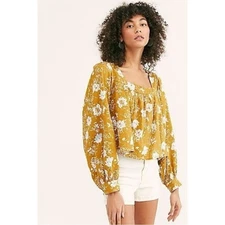 Free people Bohemian Linen Floral Boxy Top Fall Mustard Medium Balloon Sleeves