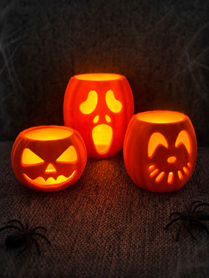 3er Set Halloween Kürbis Kerzen Jack o  Lantern orange Wachs dekorativ