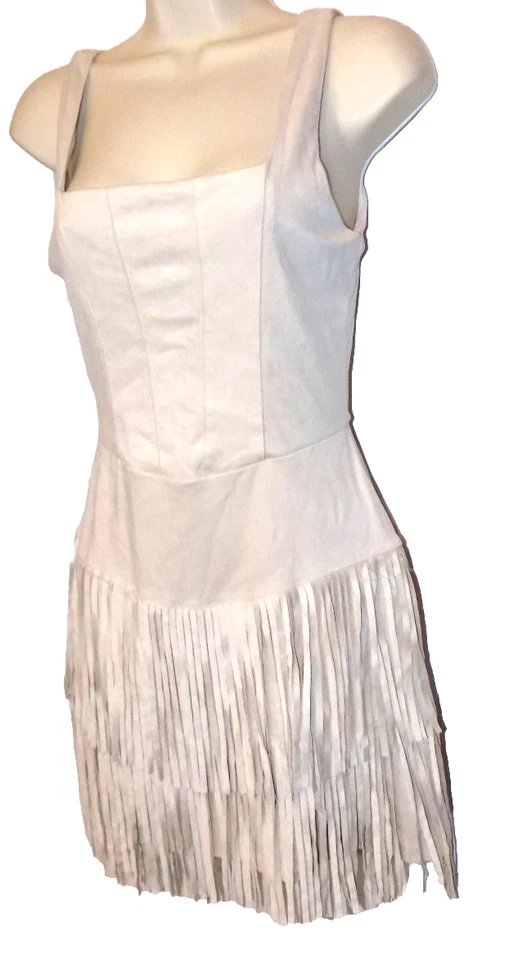 Mini vestido occidental S 2 4 y2k Trixxi marfil crema imitación gamuza cuero flecos escalonados Foto 3 de 4