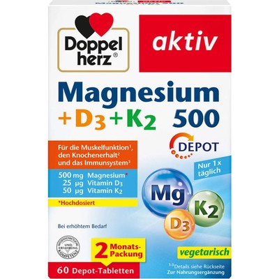 DOPPELHERZ Magnesium 500+D3+K2 Depot Tabletten 60 St PZN 17620209