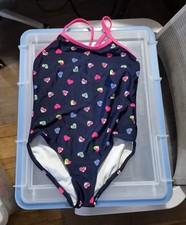 Girls OP Navy and Pink Racerback 1 Piece Swimsuit Size S 6-6X with Hearts
