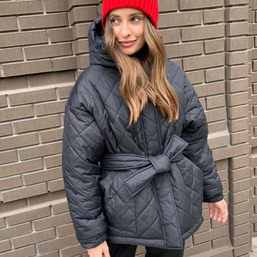 Hooded Parkas Cotton Jackets Women Short Coats Fashion Belt Female Solid Thick - Picture 7 of 15