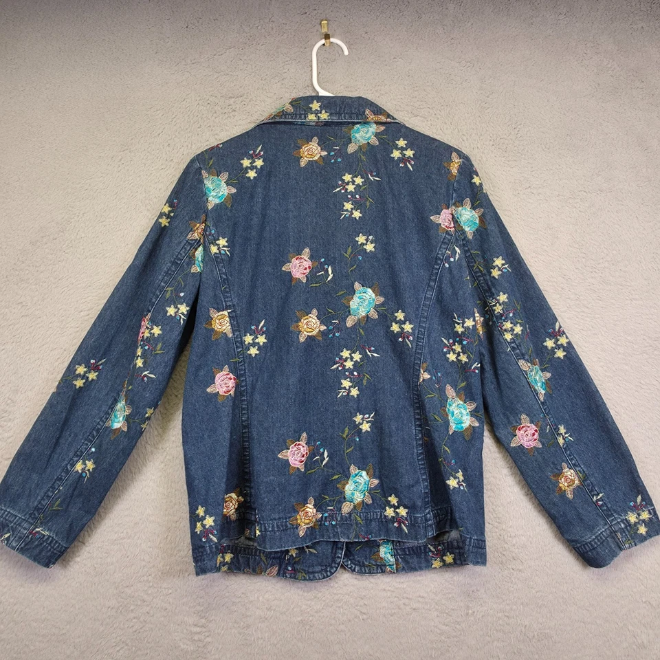 Susan Graver Denim Jacket Womens S Blue Rose Floral Embroidered Fairy Blazer - Image 3 of 4