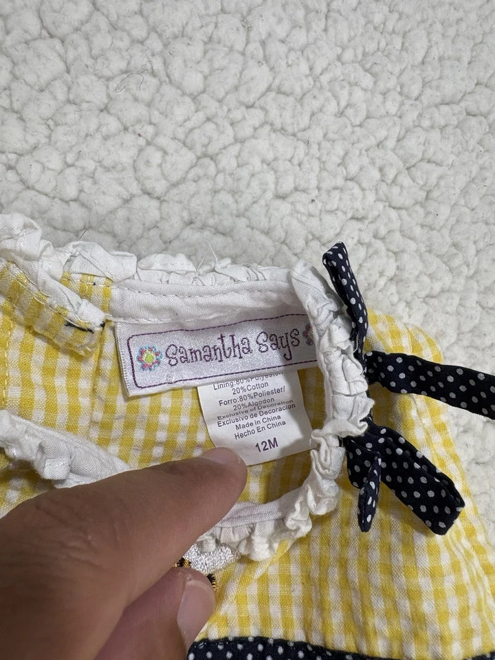 Vintage Yellow Seersucker Bumble Bee Dress & Bloomers Baby Girl 12M Sleeveless - Image 2 of 4