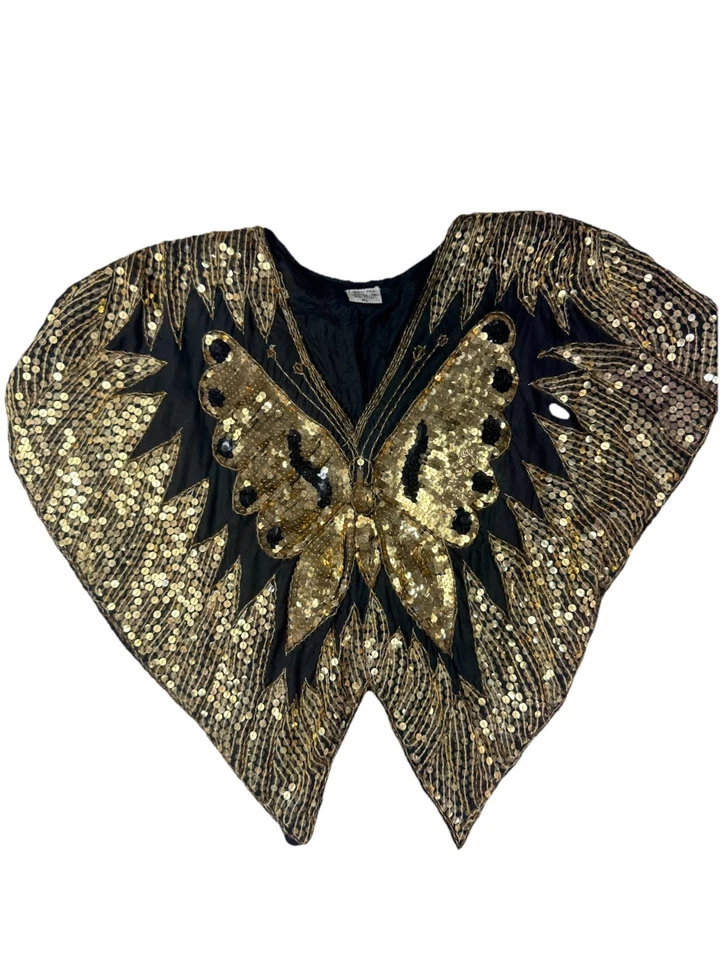 Vintage Silk Sequin Butterfly Top Beaded Poncho Cape Blouse Black Gold XL - Image 4 of 4