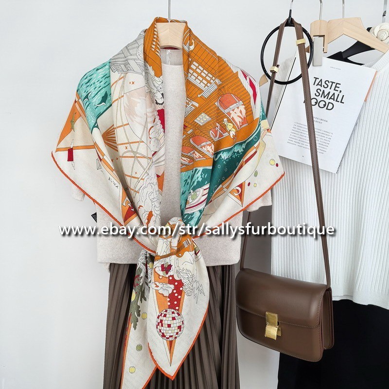 Sallys 70% Cashmere 30% Silk Stole Boat Print Double Face Scarf Shawl 53