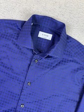 Eton Dress Shirt Mens 15.5 Blue Geometric Grid Contemporary Spread Collar