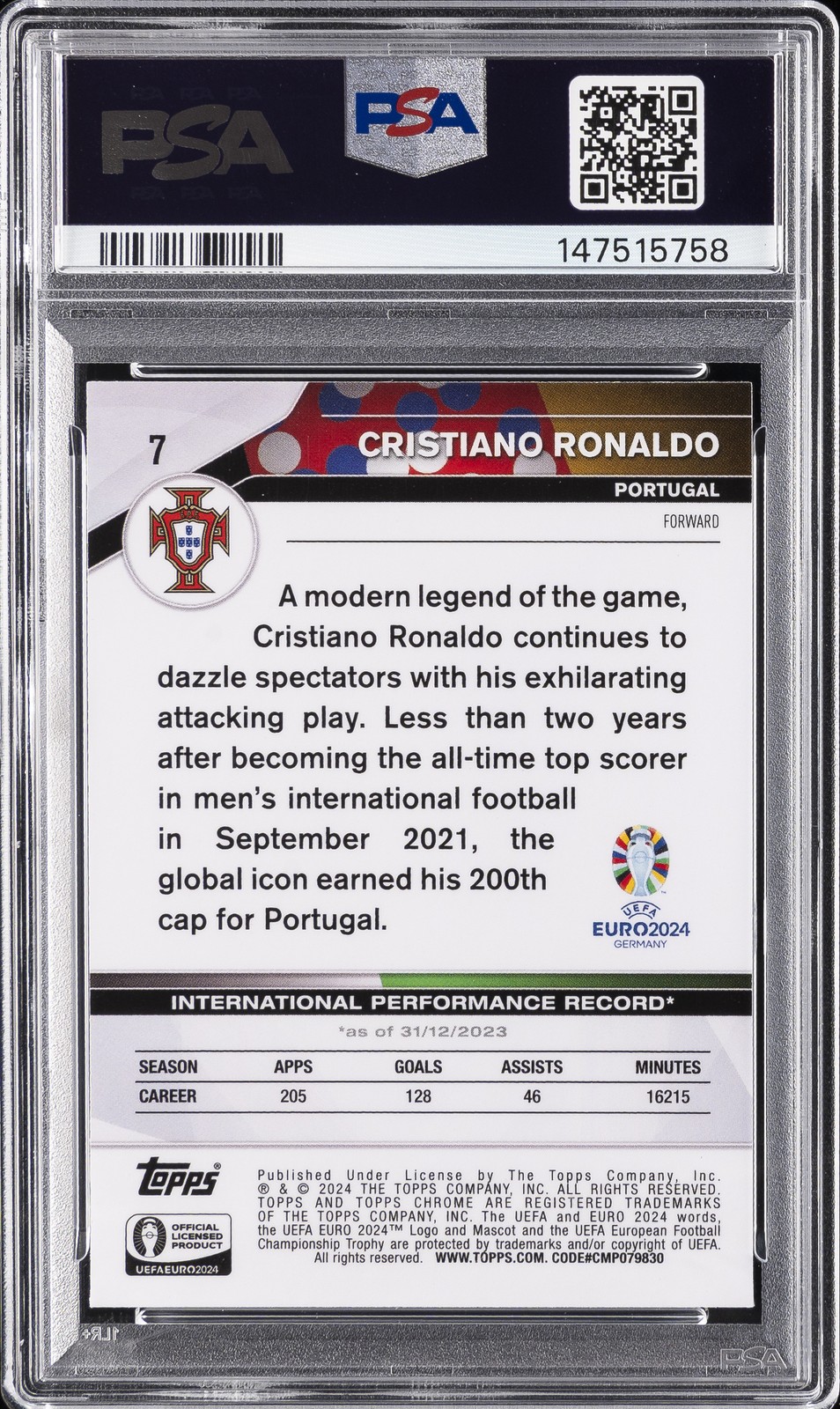 2024 TOPPS CHROME UEFA EURO #7 CRISTIANO RONALDO 130/150 PSA 10 view 2
