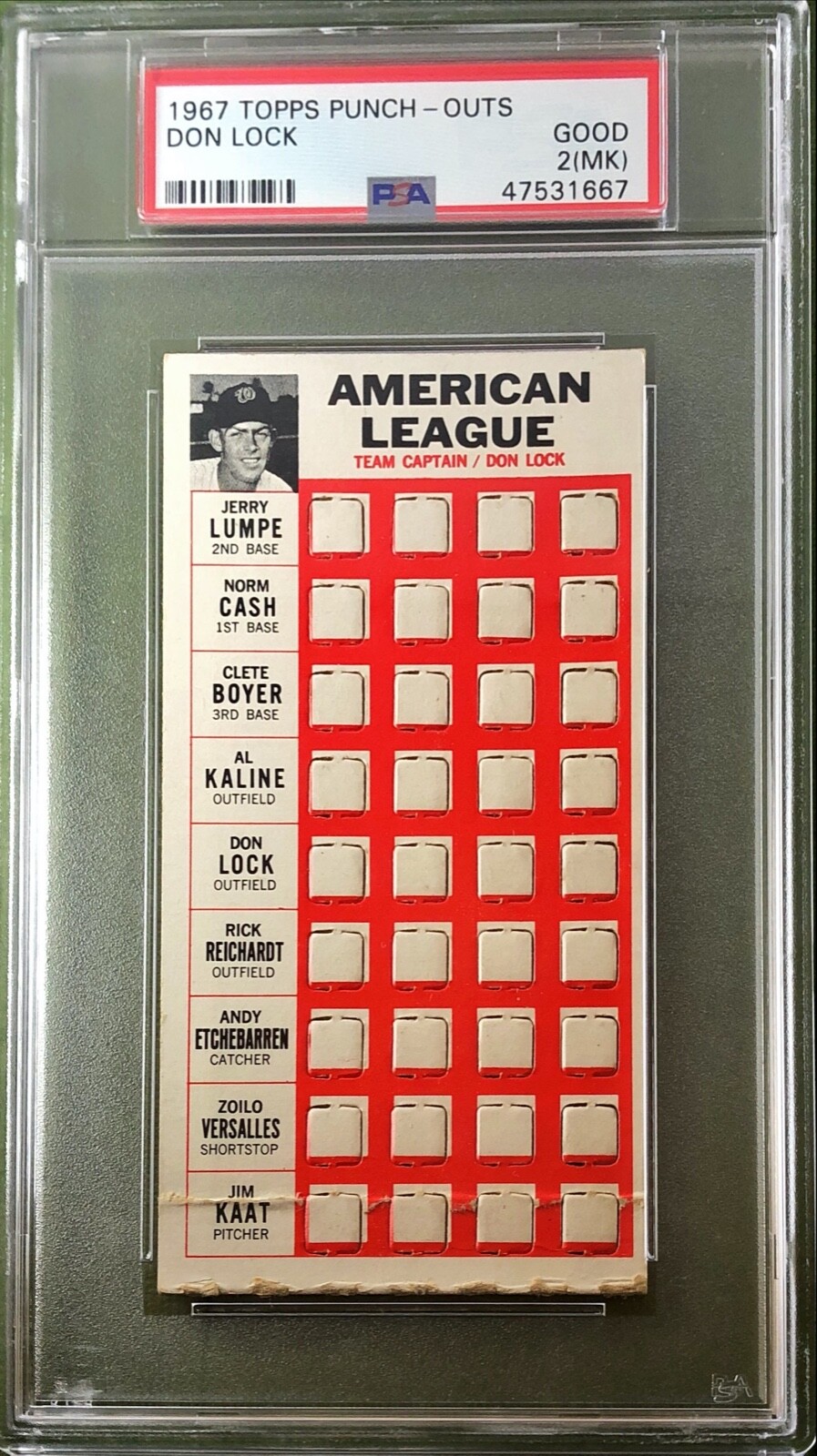Don Lock Baseball Cards 1967 Topps Punch Outs trading card — raw and PSA graded price guide