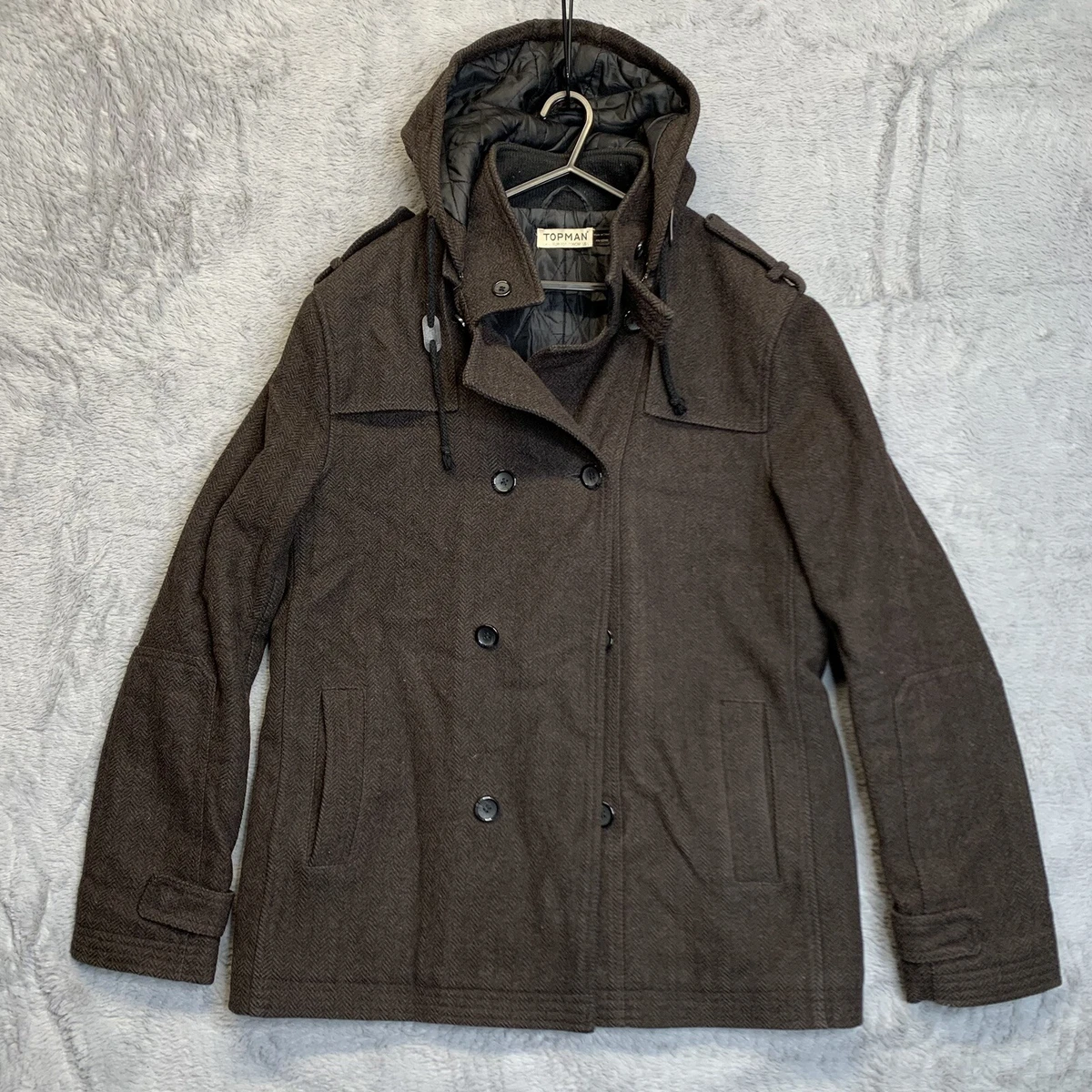 Topman Jacket Mens Large Wool Blend Grey Overcoat Lined Pockets